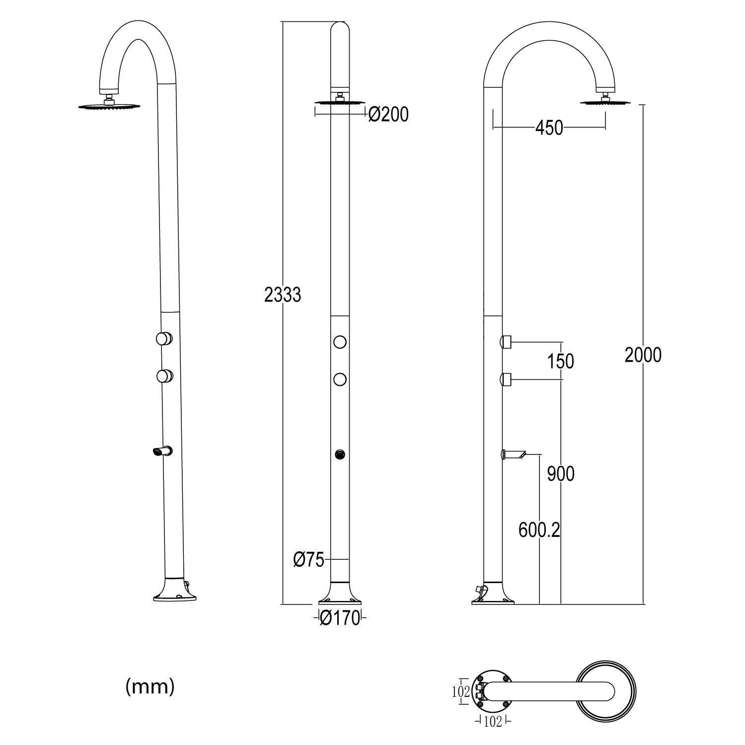 SINED Ducha jardín de aluminio blanco con rociador LED cuadrado y termómetro LCD doble toma de agua para interior o exterior altura 2235 cm modelo LUNA ALU BIANCA LED