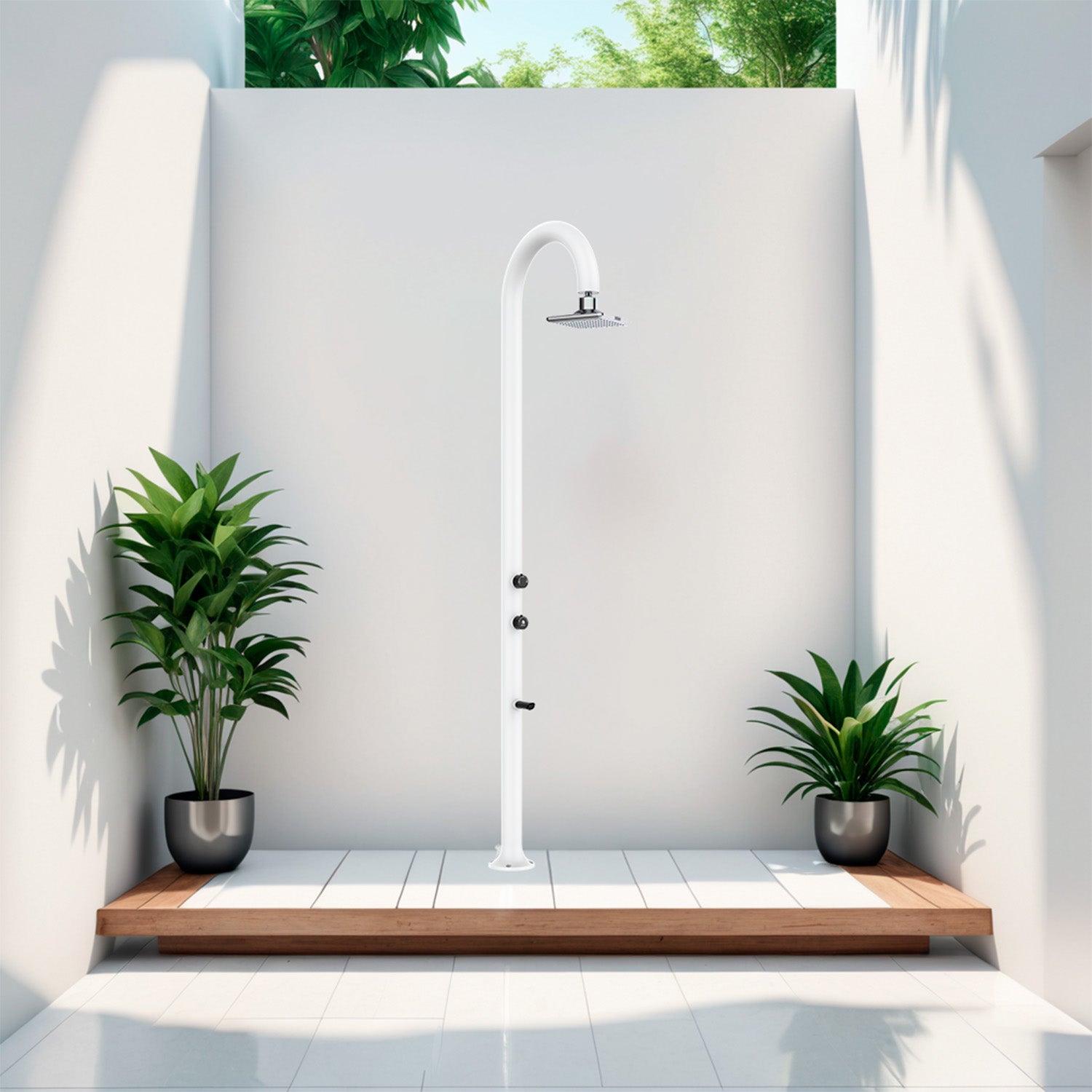 SINED Ducha jardín de aluminio blanco con rociador LED cuadrado y termómetro LCD doble toma de agua para interior o exterior altura 2235 cm modelo LUNA ALU BIANCA LED