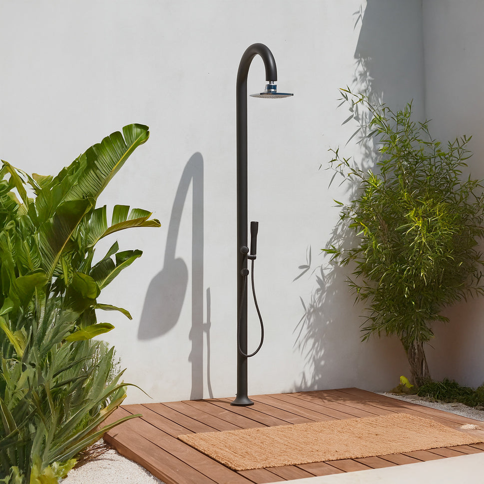 SINED Ducha de Aluminio Negra con ducha de mano y Luz LED Doble Conexión de Agua y Mezclador de Temperatura Instalación en interiores o exteriores LUNA ALU D NERA LED