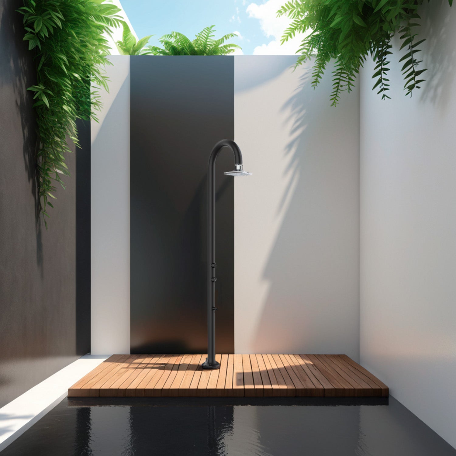 SINED Ducha Exterior de Aluminio Negra con Doble Conexión LateralInferior Termómetro y Ducha Cuadrada LED Agua calientefría Ideal para Exteriores Modelo LUNA ALU NERA LED