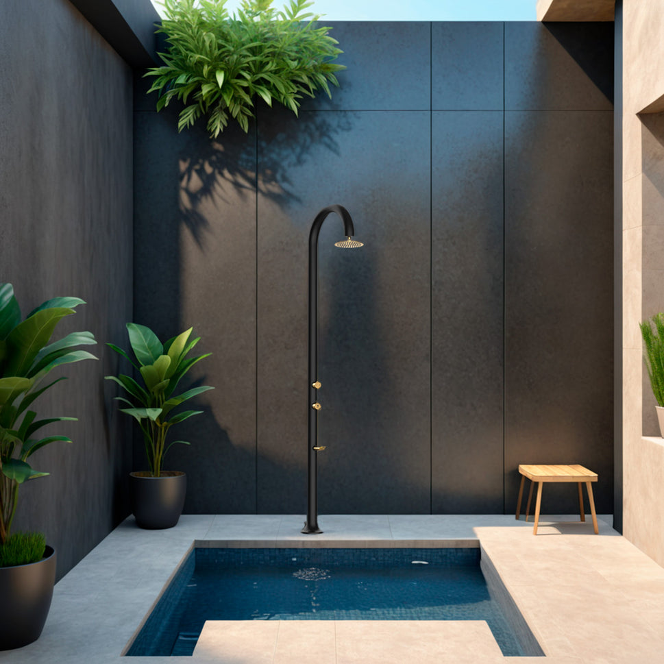 SINED Douche en aluminium noir et doré avec pomme de douche circulaire et buses anticalcaires double connexion eau froide ou chaude pour usage intérieur et extérieur Modèle LUNA ALU NERA ORO