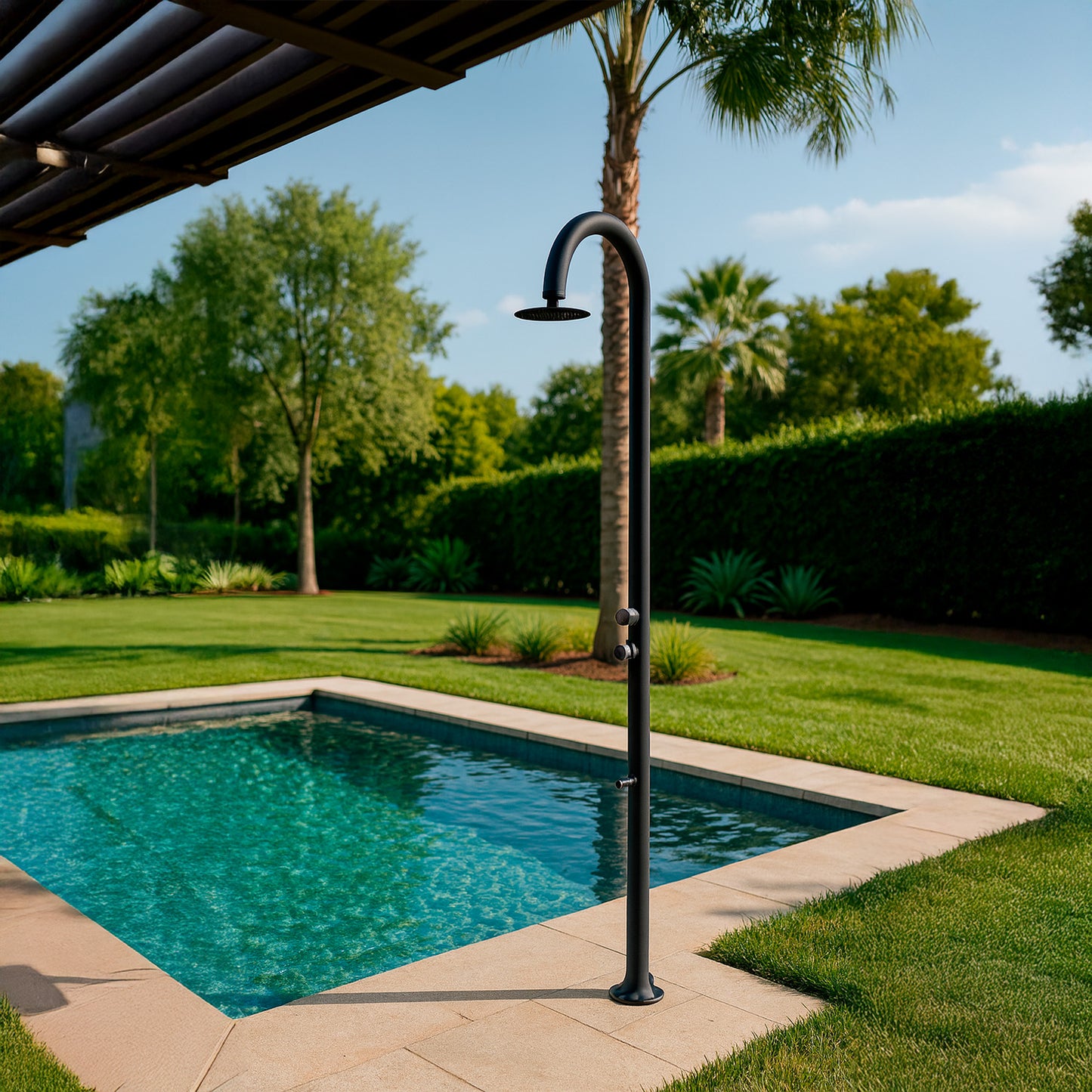 Ducha de aluminio negro con temporizador y lavapiés