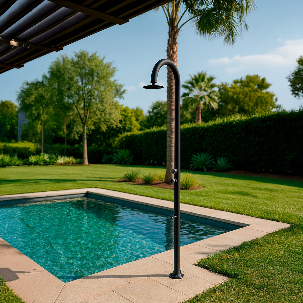 Sined Luna Timer p Noir Douche en Aluminium Double Connexion d'Eau Froide Latérale ou Inférieure sur un Tuyau Douche Temporisée d'Eau Froide avec Pulvérisateur sur Pied et Mitigeur Noir