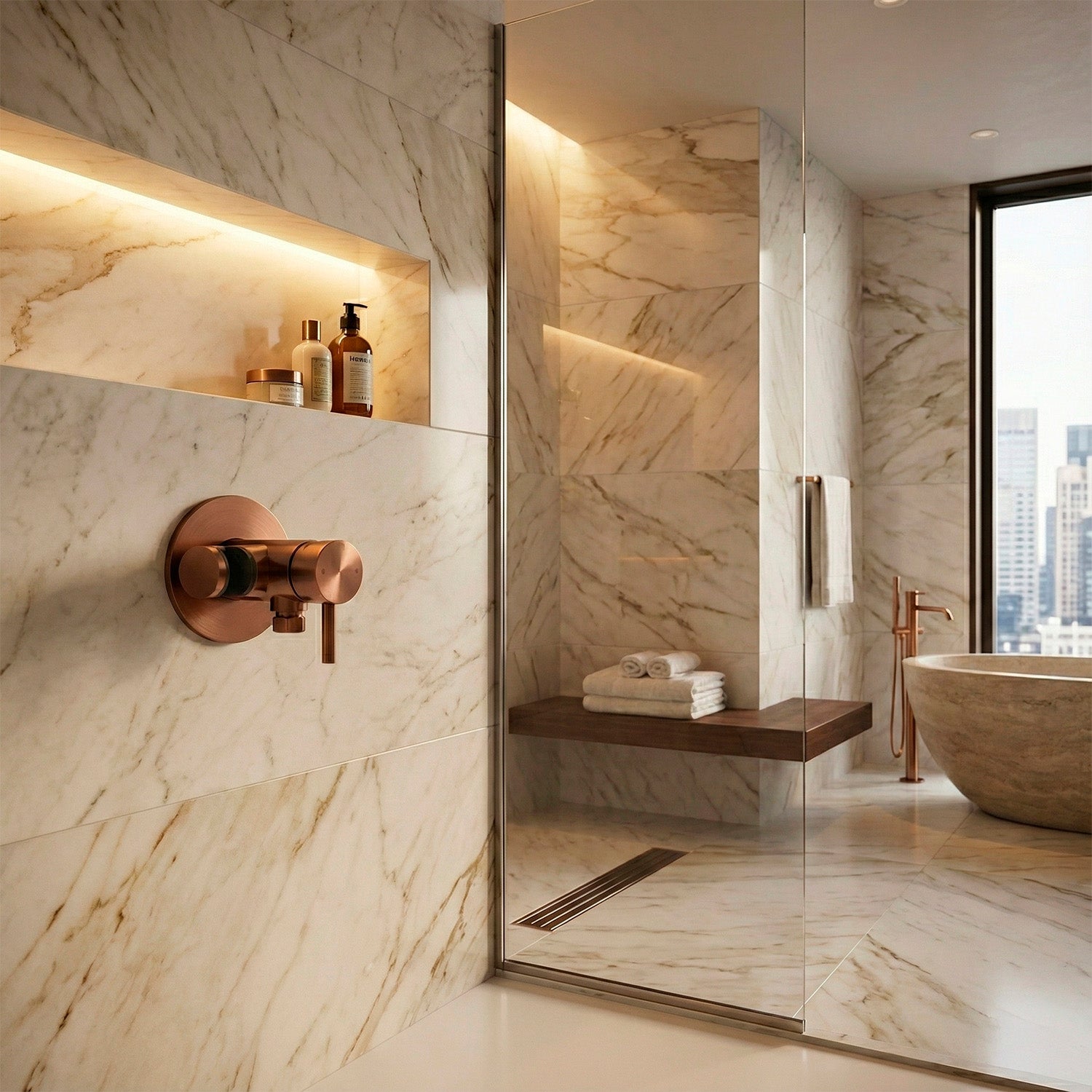 SINED - Wandmengkraan van 316L roestvrij staal met houder voor handdouche in roségoudkleur, ideaal voor binnen- en buitengebruik Model LEVANTE