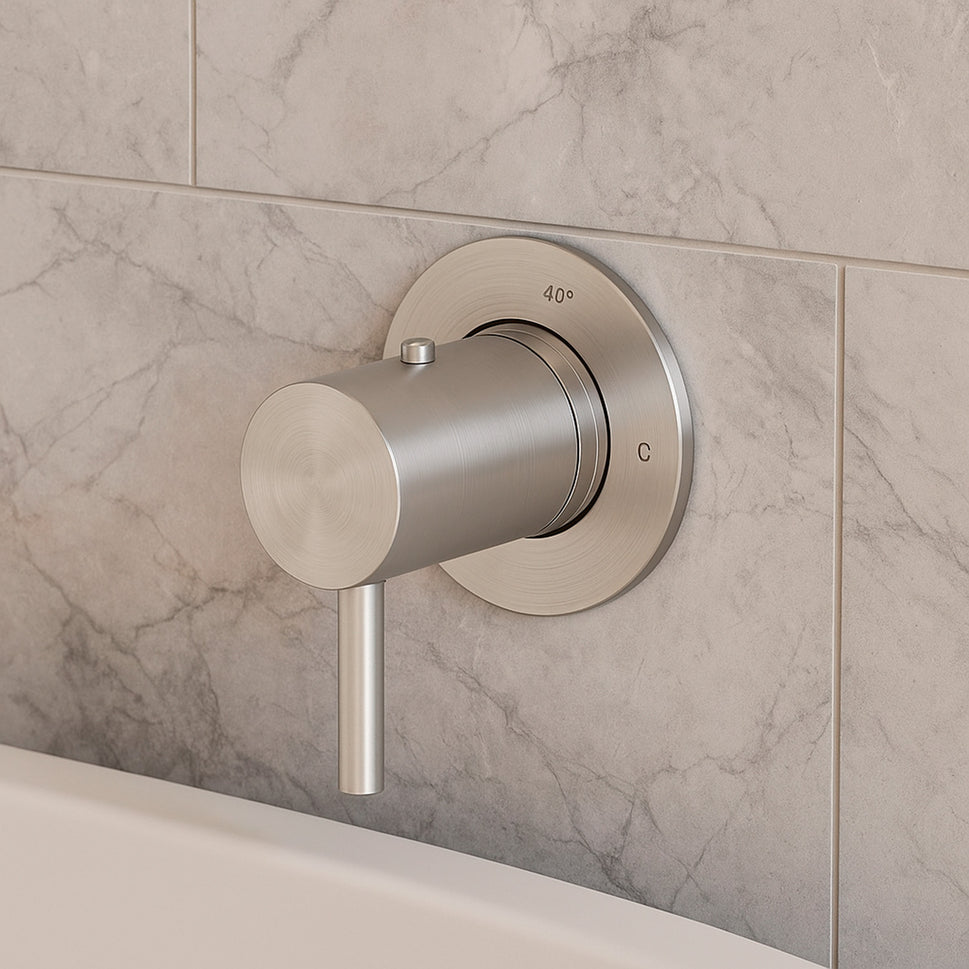Dutch SINED Thermostatische wandmengkraan voor douche in geborsteld 316L roestvrij staal met automatische temperatuurregeling, ideaal voor binnen- en buiteninstallatie Model LEVANTE