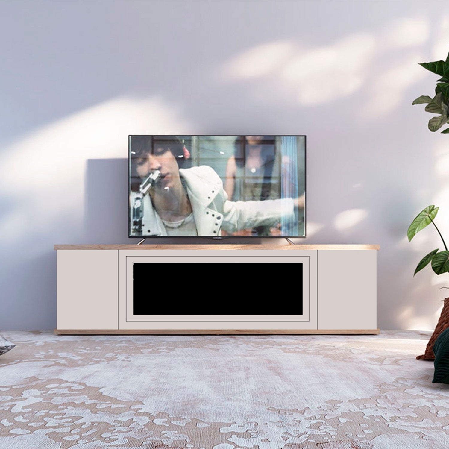 Mueble De Diseno Arosio 150 Antracita Estructura y Frentes En Gris Sian Disenado Para Un Ambiente Sofisticado Tapa y Base En Teca Maciza