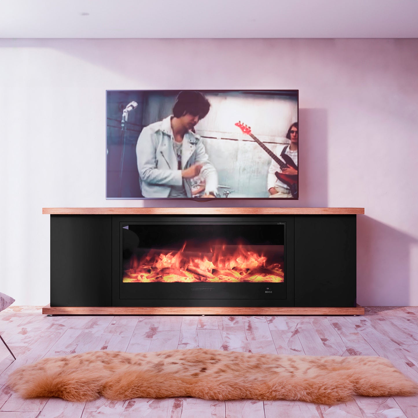 Mueble de madera negro con chimenea eléctrica y mando a distancia