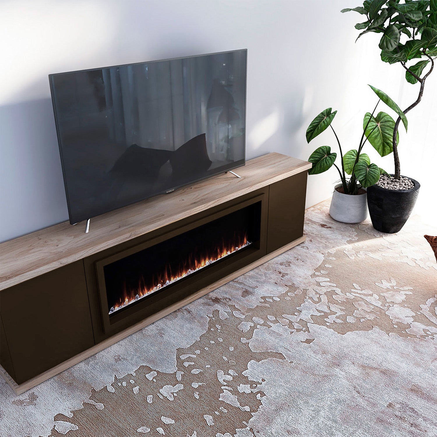 Mueble bajo de madera con chimenea eléctrica y mando a dista