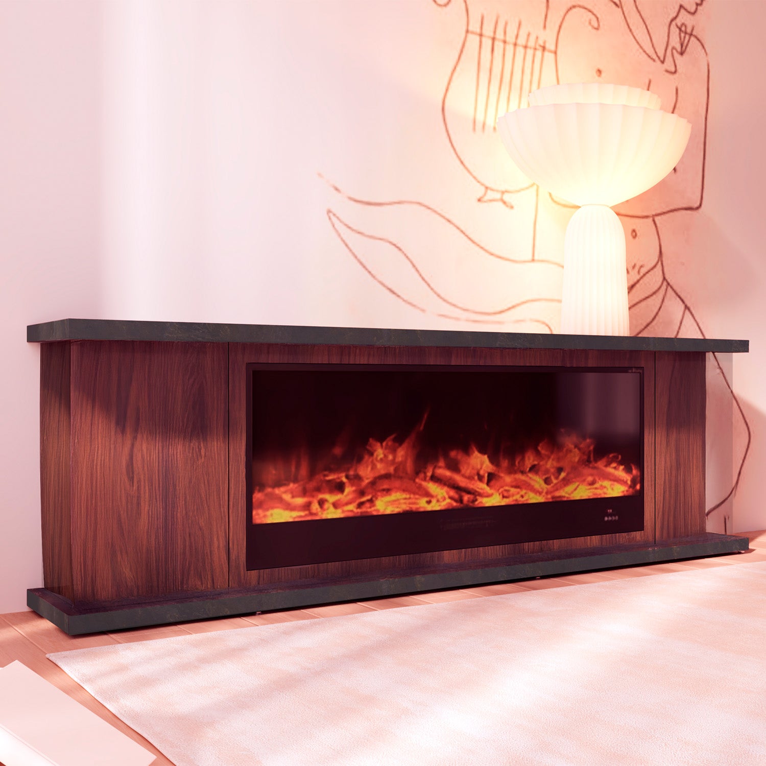 Chimenea eléctrica en mueble de salón marrón y mando a dista