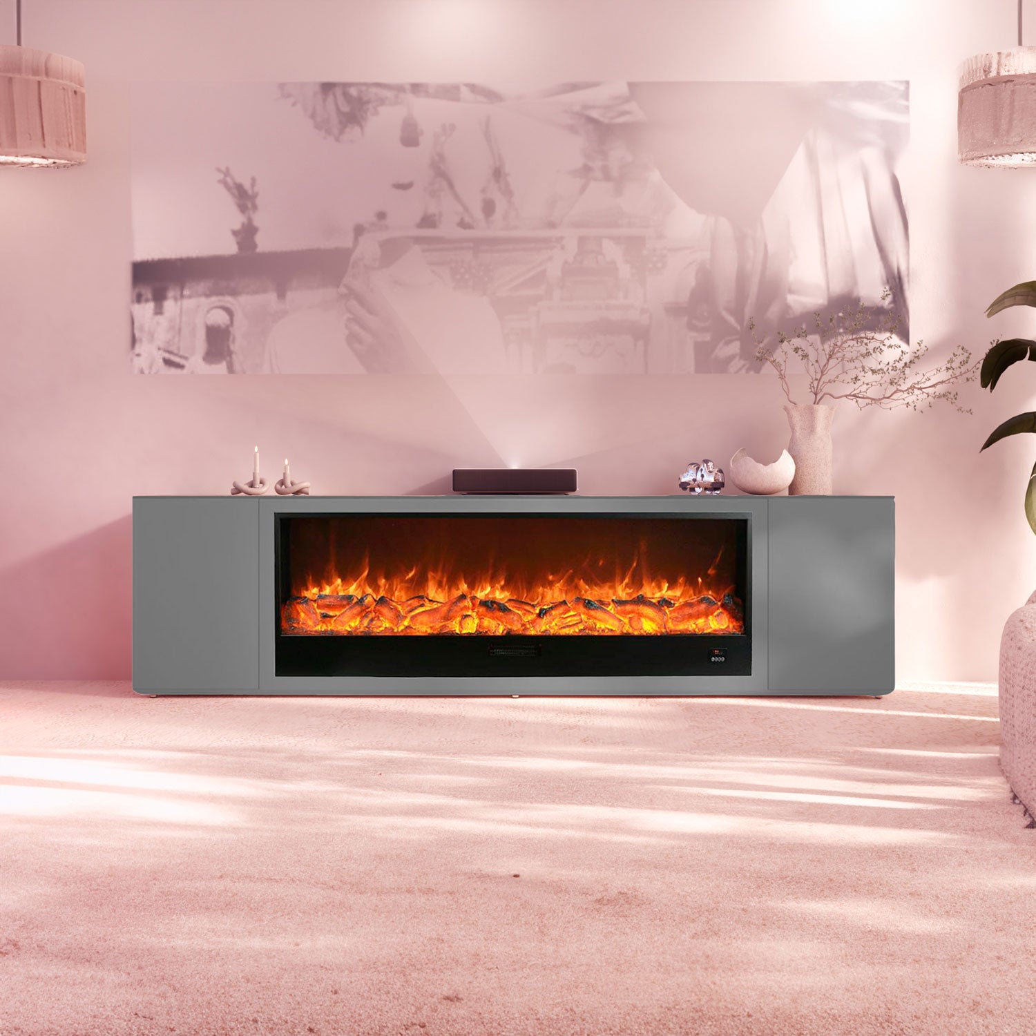 Muebles modernos con chimenea eléctrica integrada y estilo