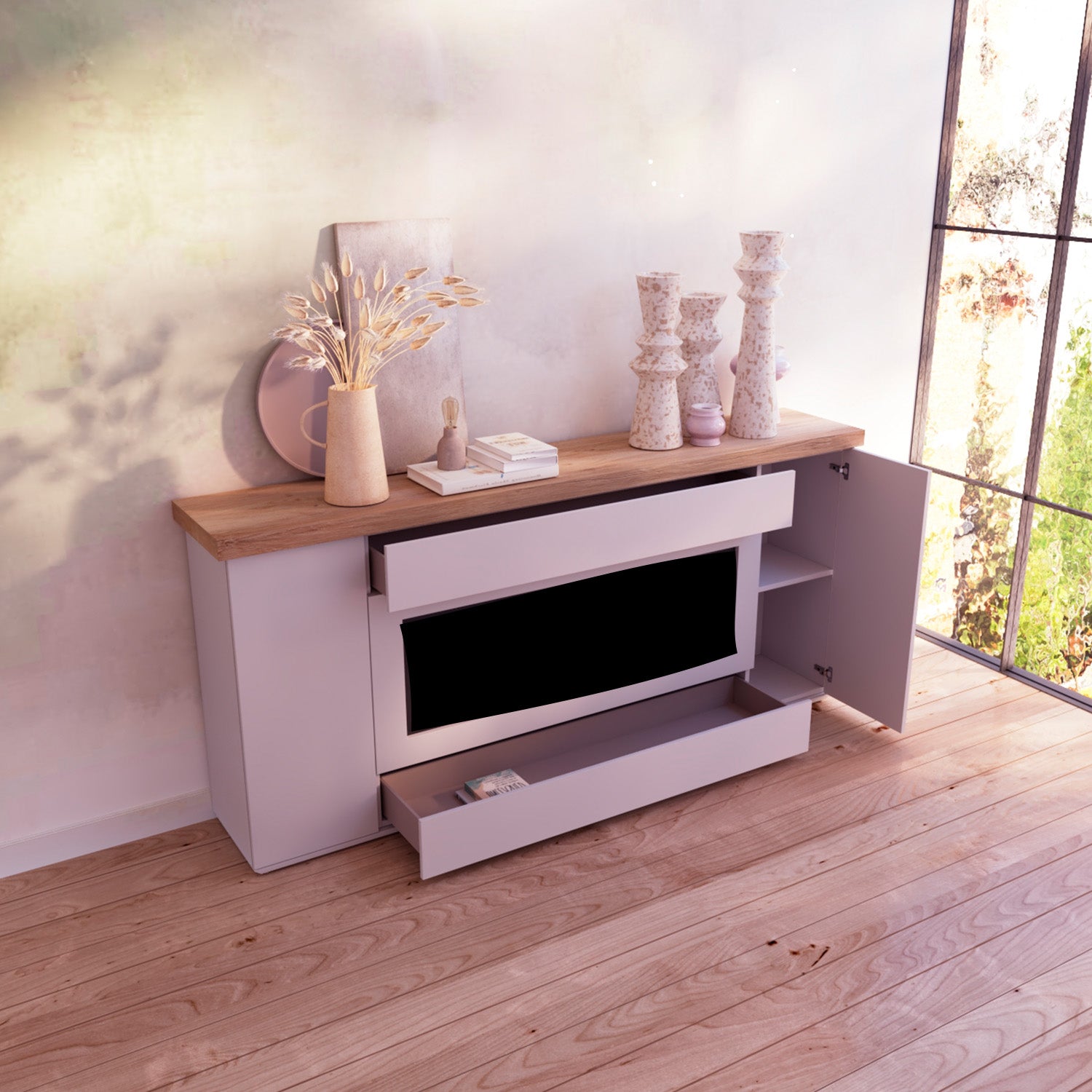 Sined Desio Mueble 108 Gris Chimenea Electrica a Medida Sined Ispica 1500w Mueble Refinado y Elegante Madera Lacada Gris Claro y Encimera De Roble