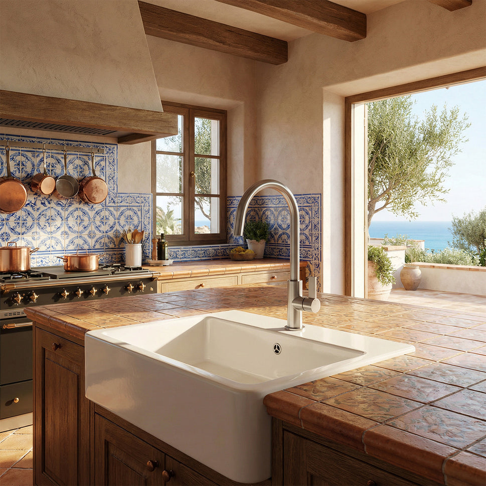 SINED Kitchen faucet stainless steel inox color, made of corrosion-resistant 316L stainless steel, suitable for indoor and outdoor use, satin finish, functional and durable design - LEVANTE model