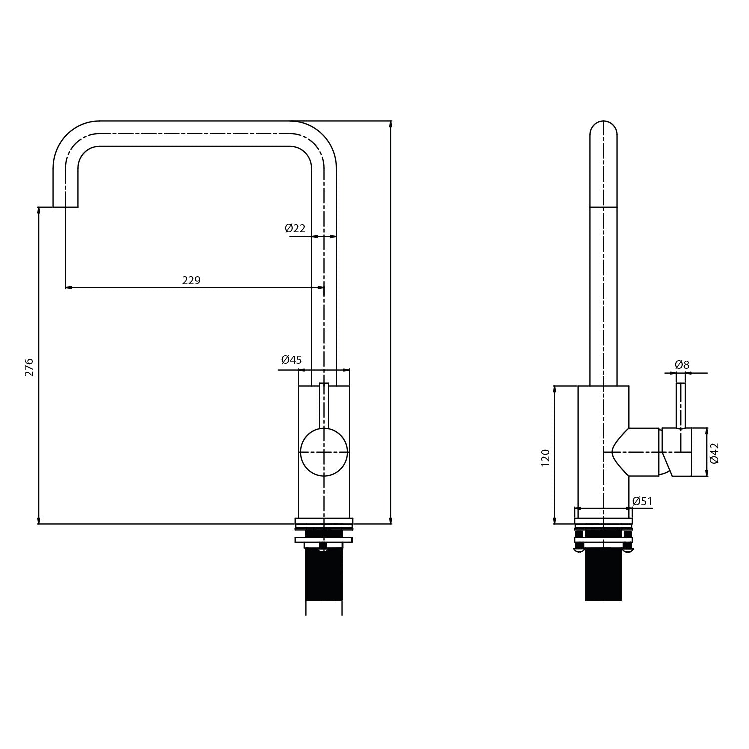 Razón Social grifería de cocina en acero inoxidable 316L negro resistente a la corrosión diseno moderno y funcional para uso prolongado modelo LEVANTE QUADRO
