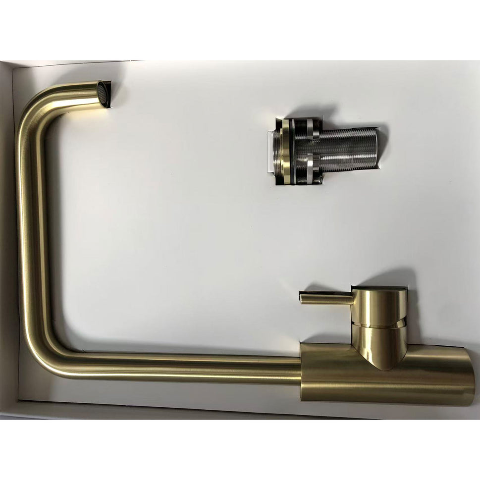 Razón Social de la Marca Grifo de cocina en acero inoxidable 316L color oro resistente a la corrosión diseno cuadrado alta durabilidad y robustez modelo LEVANTE QUADRO