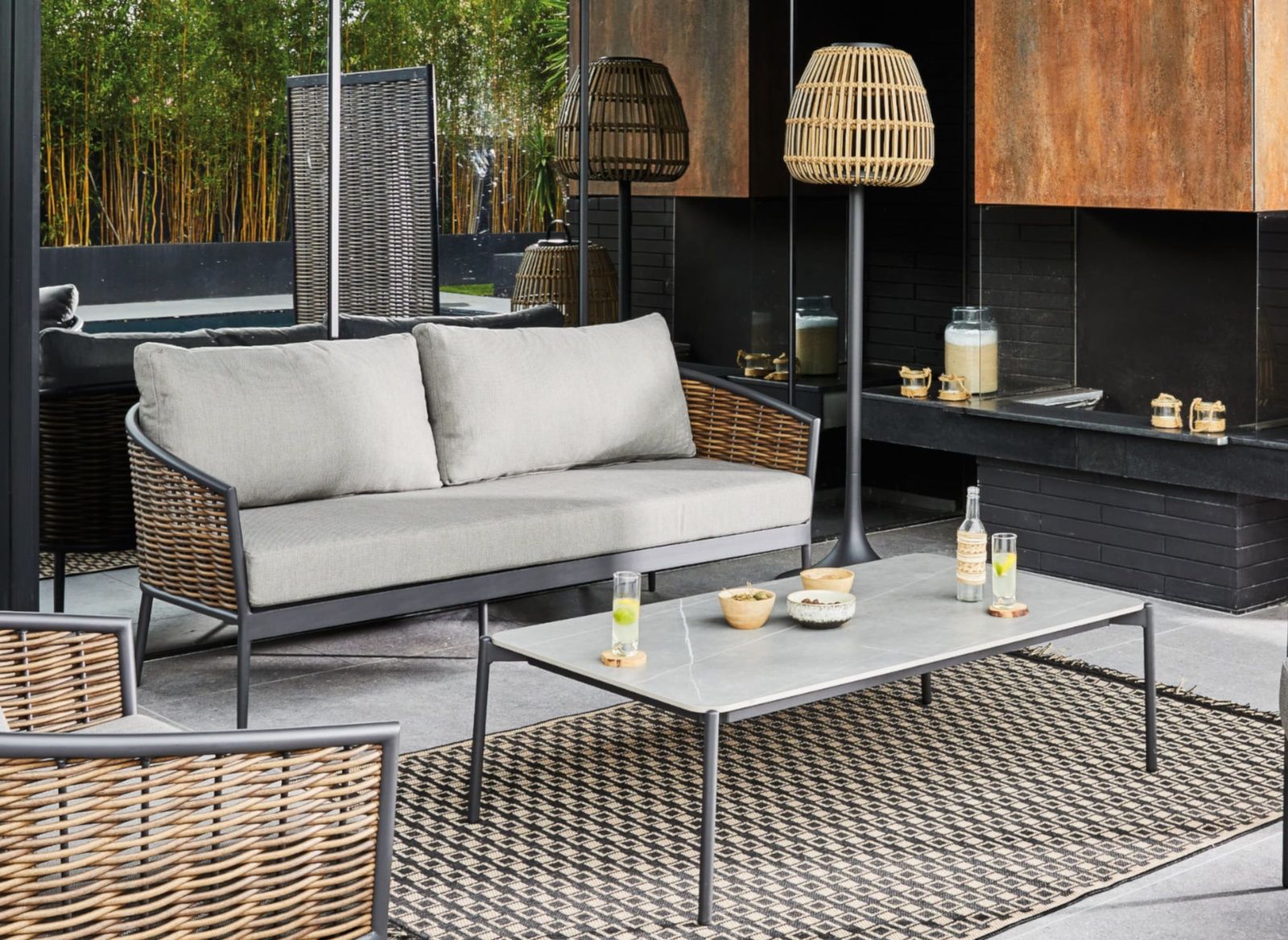 SINED 2-seater sofa and 1 armchair set in wicker with aluminum frame and epoxy paint for seaside use, removable polyester upholstery in graphite color aluminiowicker SET-DIVANO-GIARDINO-ASTI