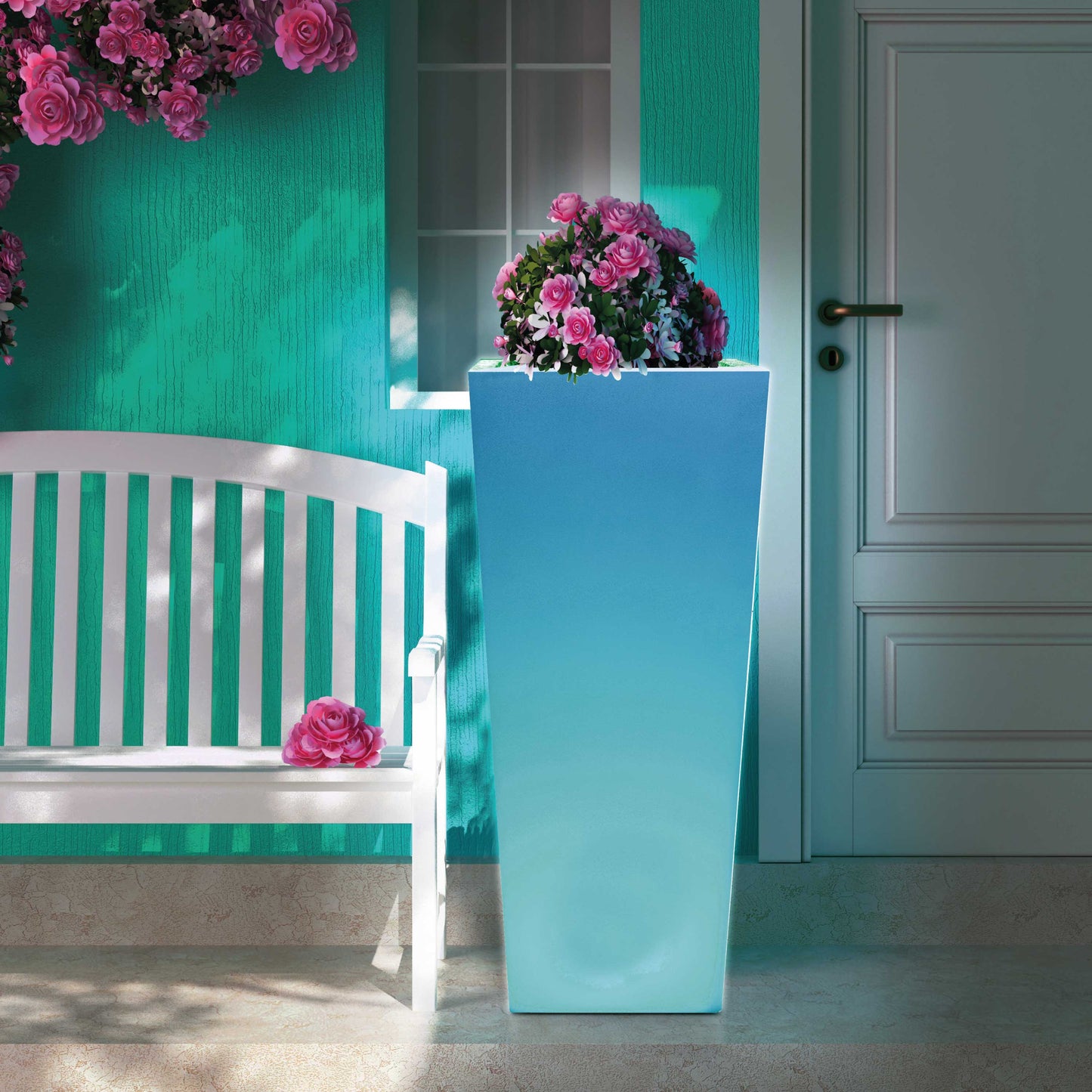 Vaso cuadrado luminoso con luz solar, diseño elegante y resistente